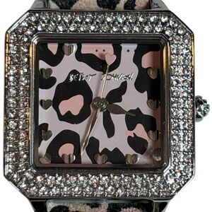Betsey Johnson Leopard Print Watch | Crystal Bezel | Square Case | Hearts Dial